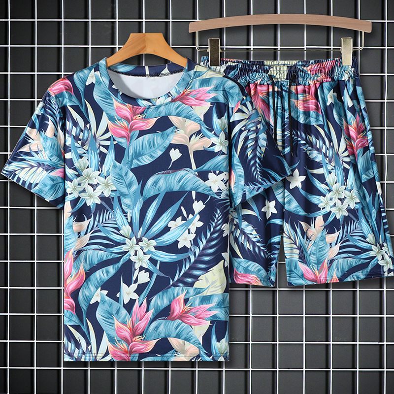 Men's Clothing Ice Silk Leisure Suit Men's Summer Leisure Flower Beach Short Sleeved Shorts Trendy Holiday Suit_viptrois.com