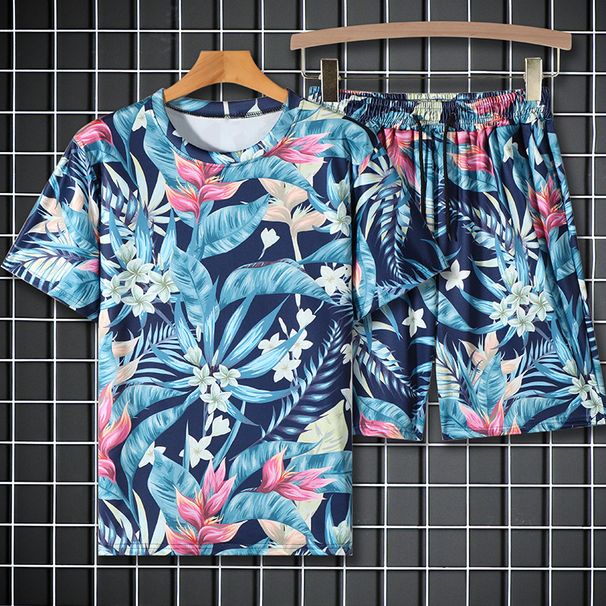 Men's Clothing Ice Silk Leisure Suit Men's Summer Leisure Flower Beach Short Sleeved Shorts Trendy Holiday Suit_viptrois.com