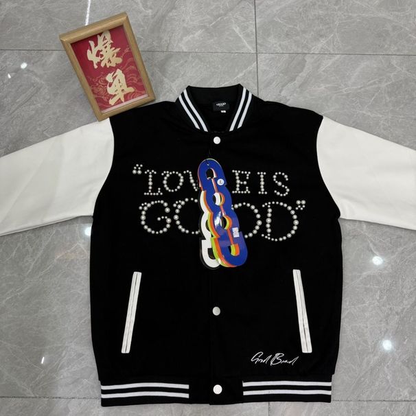2025 Spring And Autumn Embroidered American Style Trendy Brand Color Block Patchwork Unisex Pearl Couple Loose Jacket_viptrois.com