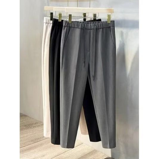 Men's Clothing Drape Casual Trousers Trendy Simple Solid Color Elastic Waist Straight Nine Point Drawstring Trousers_viptrois.com