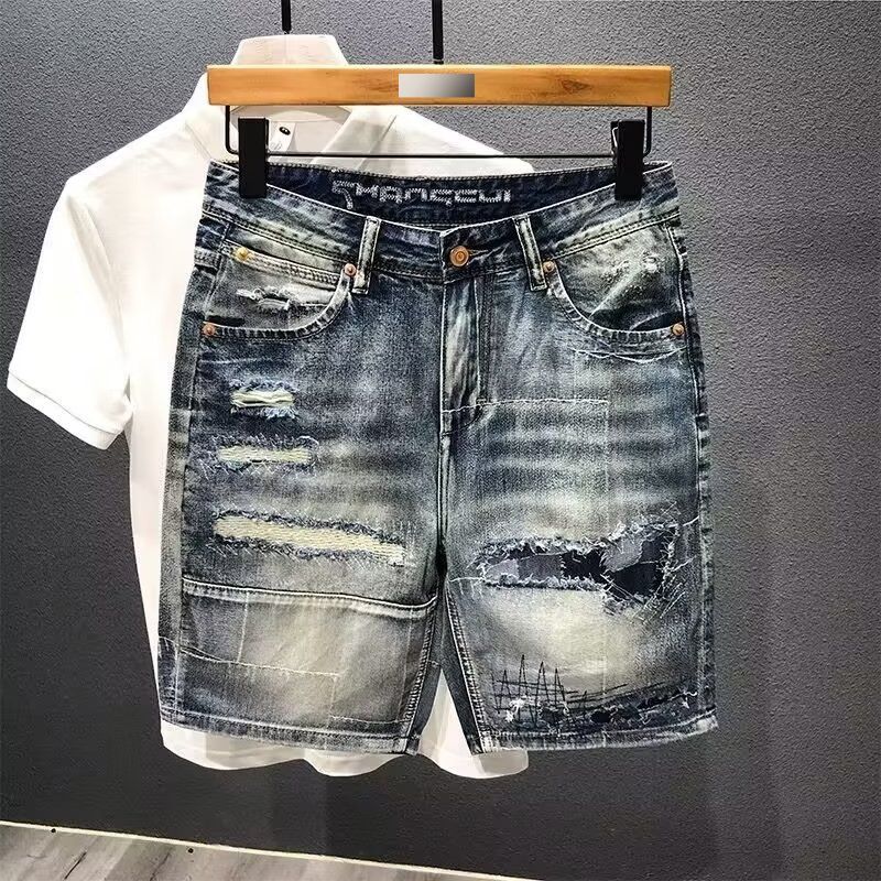 Men's Clothing Summer Thin Fashion Ripped Patch Denim Shorts Men's Trendy Brand All Match Cat Whisker Distressed Beggar Five Point Pants_viptrois.com