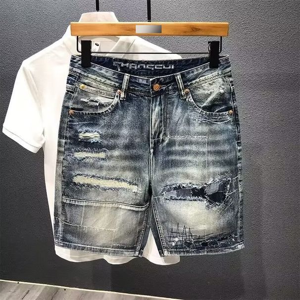 Men's Clothing Summer Thin Fashion Ripped Patch Denim Shorts Men's Trendy Brand All Match Cat Whisker Distressed Beggar Five Point Pants_viptrois.com