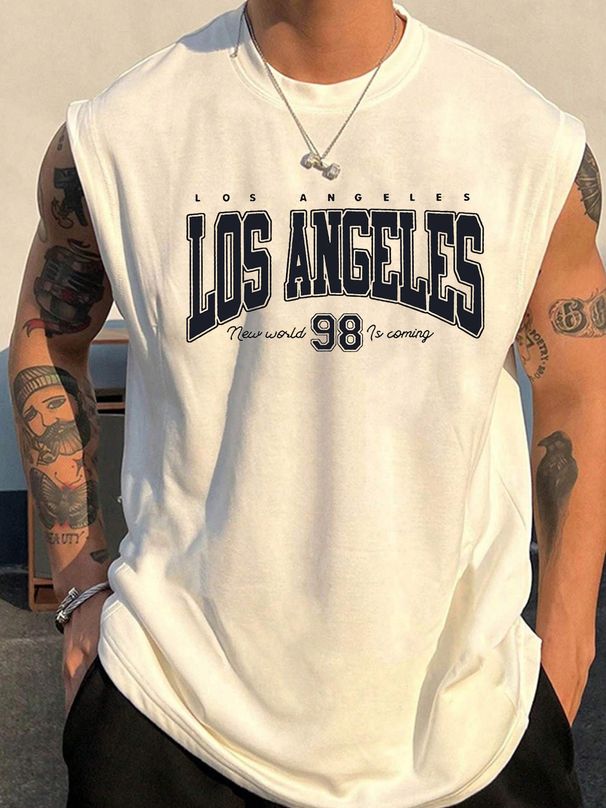 100% Pure Cotton Men's Summer Casual Sports Fitness Loose Los Angeles 98 Pattern Printed Breathable Round Neck Sleeveless Vest_viptrois.com