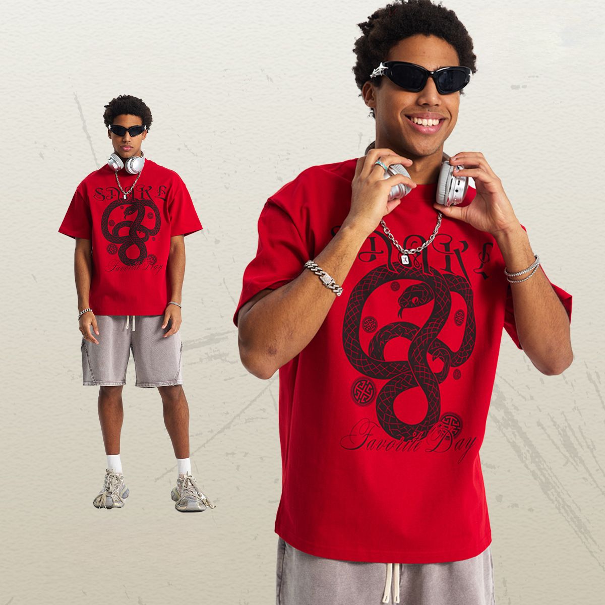 Auspicious Snake Zodiac Printed Men's Short-sleeved T-shirt Red Festive Pure Cotton Men's T_viptrois.com