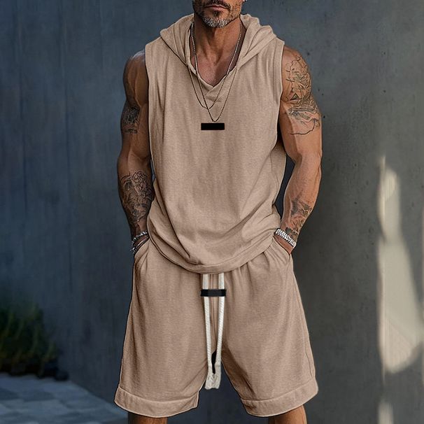 Men's Clothing Spring And Summer New Casual Men's Hooded Loose Sleeveless Tops Sports Shorts Two Piece Suit_viptrois.com