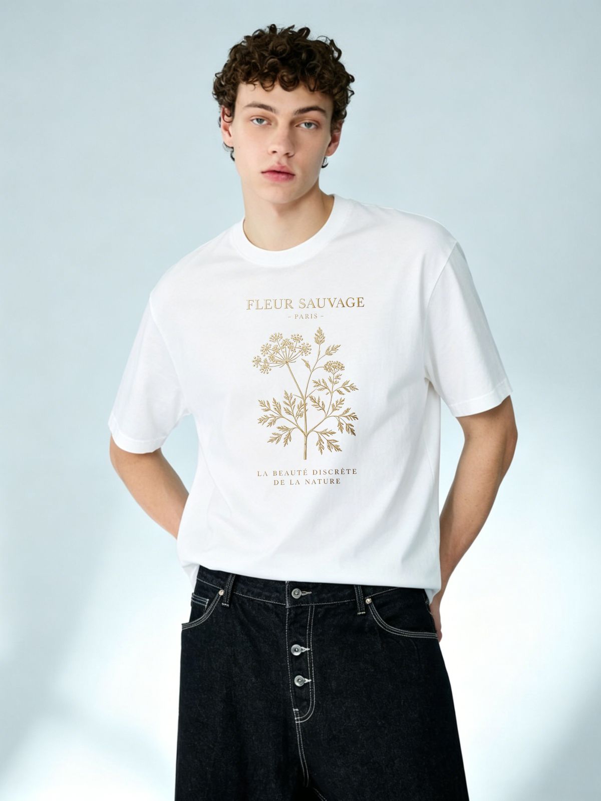 European Trendy Light Luxury Men's Short Sleeve T-Shirt, FLEUR SAUVAGE Wild Flower Print, High-end Casual Streetwear Tee_viptrois.com