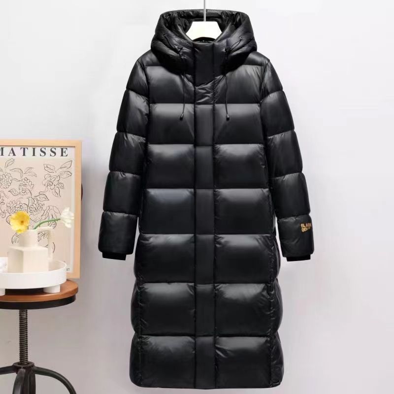 Light Luxury High-End Eight Point Grid Black Gold Down Cotton Long Style Knee High Hooded Thick Coat For Both Men And_viptrois.com