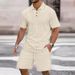 Men's Jacquard Short Sleeve T-Shirt & Shorts Set - Breathable Summer Casual Outfit With Button-Down Collar (White/Black/Grey/Sky Blue/Khaki, S-XXXL)_viptrois.com