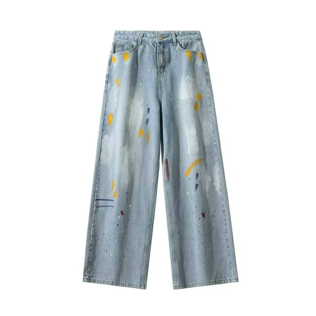 Men's Distressed Splatter Paint Jeans – Vintage-Inspired Streetwear Baggy Denim Pants, Oversized Straight-Leg With Artistic Graffiti Wash_viptrois.com