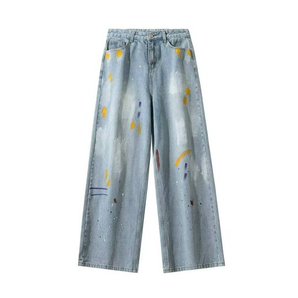 Men's Distressed Splatter Paint Jeans – Vintage-Inspired Streetwear Baggy Denim Pants, Oversized Straight-Leg With Artistic Graffiti Wash_viptrois.com