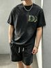 230g Vintage Washed Men T-shirt Green D Letter Filled With Floral And Butterfly Botanical Print Crew Neck Short Sleeve Streetwear Tee_viptrois.com