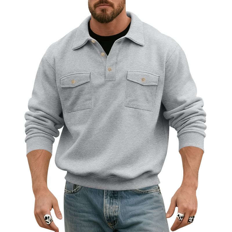 Spring And Autumn Heavyweight Men's Double Pocket Tough Casual Workwear Motorcycle Long Sleeved Lapel Sweatshirt Men_viptrois.com