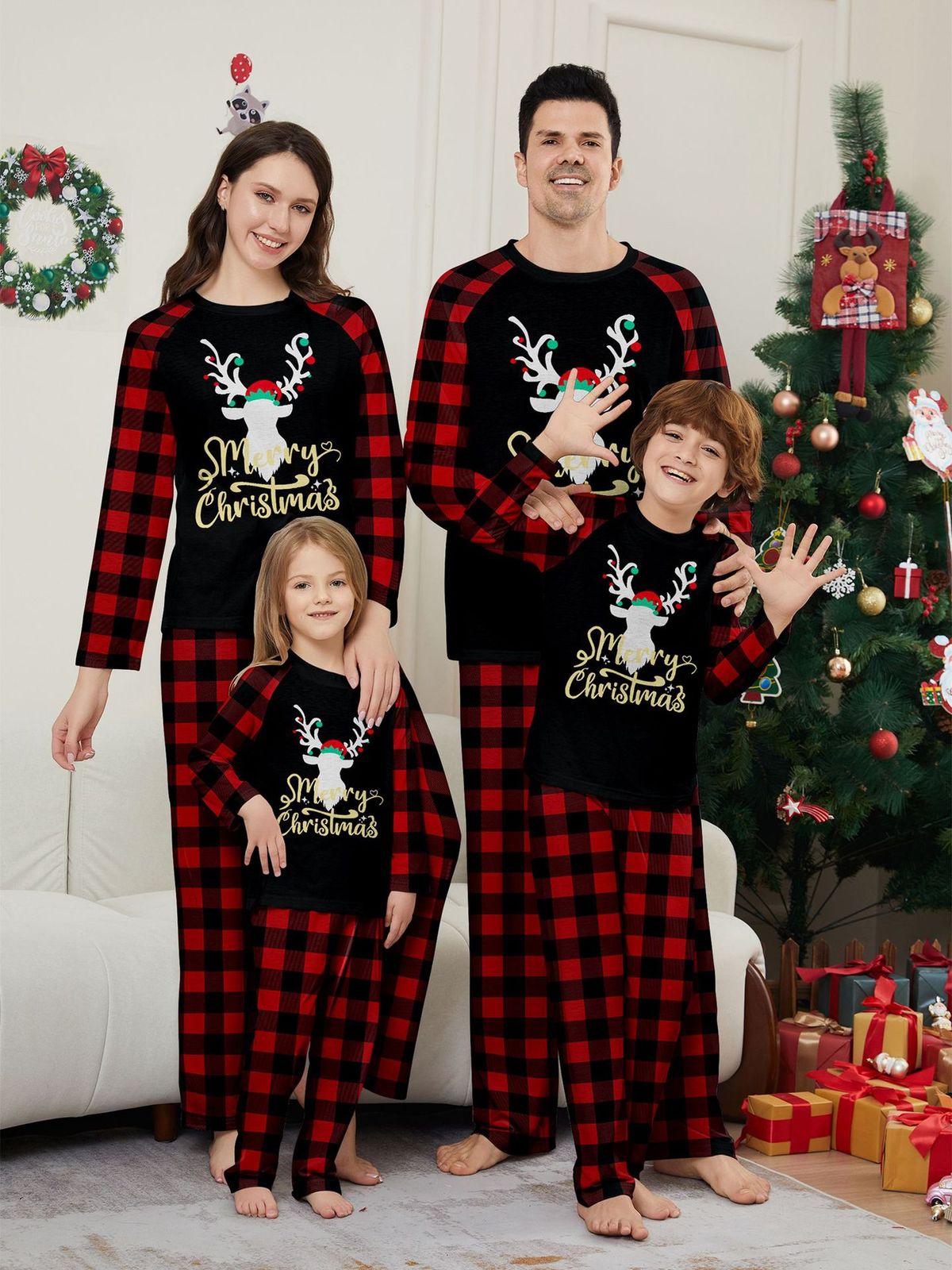 Christmas Christmas deer letter plaid Christmas family print home dress pajamas_viptrois.com
