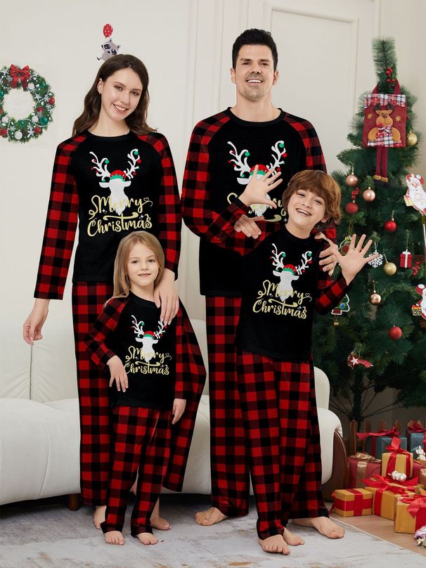 Christmas Christmas deer letter plaid Christmas family print home dress pajamas_viptrois.com