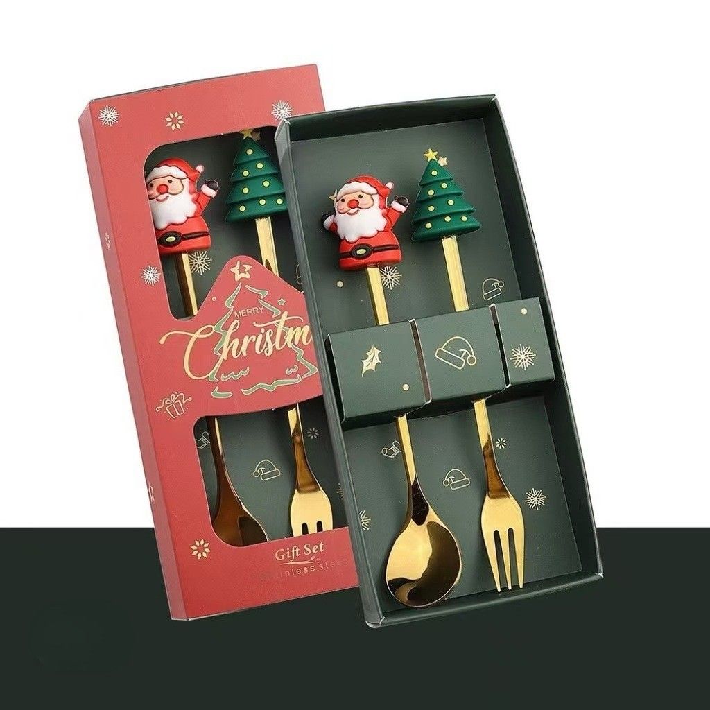 Christmas Gift Cute Christmas Spoon Set Coffee Spoon Creative Mixing Spoon Fork Christmas Gift Box Tableware Dessert Fork_viptrois.com