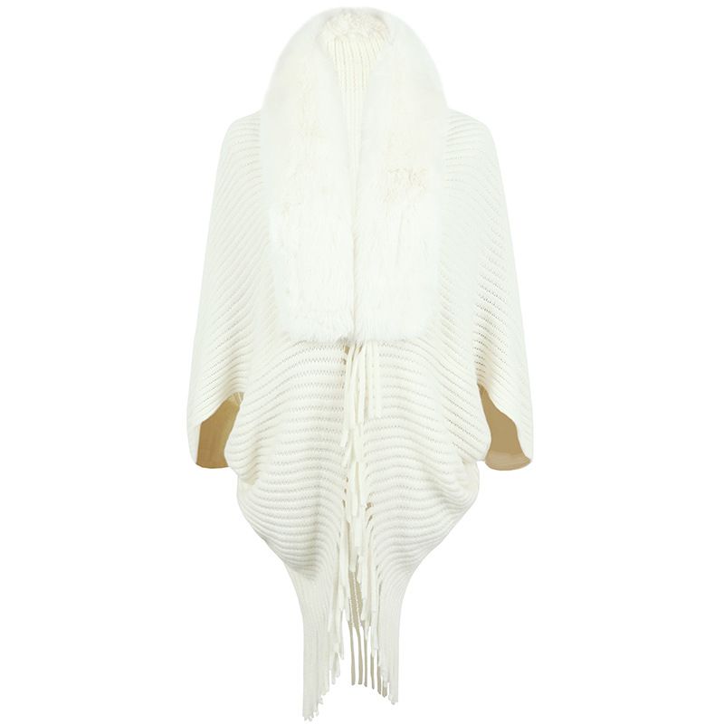 Knitted cape coat for women with fur collar fringe cape_viptrois.com