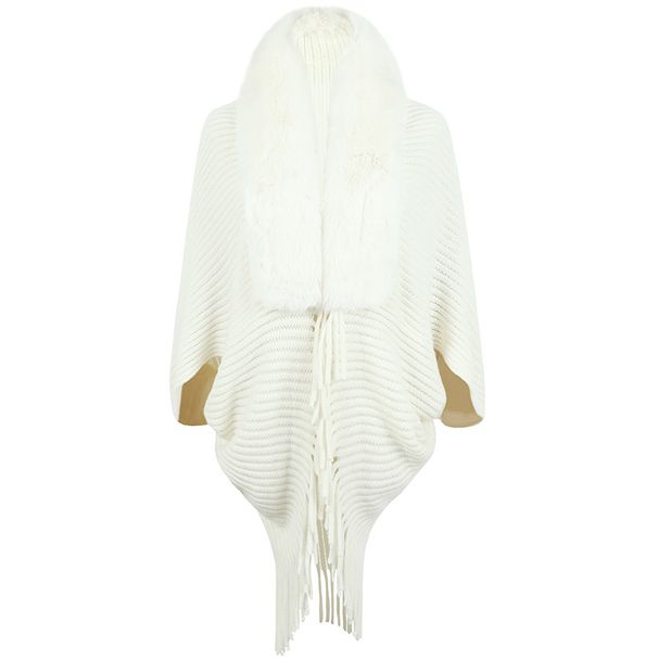 Knitted cape coat for women with fur collar fringe cape_viptrois.com