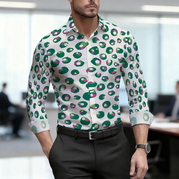 Camisa De Hombre Con Estampado De Lunares Personalizado, Manga Larga, Solapa, Cuello De Un Solo Botón, Tela De Alta Calidad_viptrois.com
