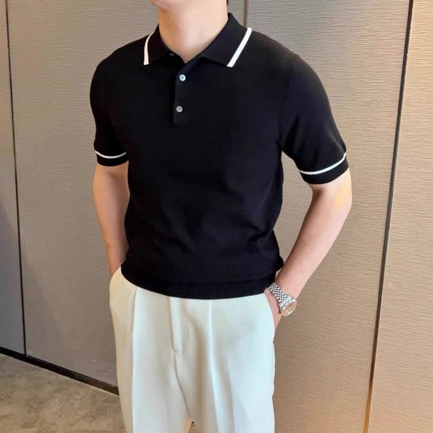 Men's Clothing Knitted Ice Silk Shirt Casual Business Contrast Color Short Sleeved Half Sleeved Lapel T Shirt_viptrois.com