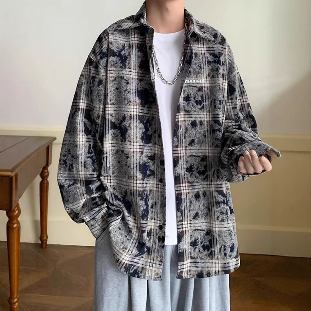 Plaid Niche Long Sleeved Shirt For Men, Autumn Tie Dye Embroidered Shirt, College Style Jacket_viptrois.com