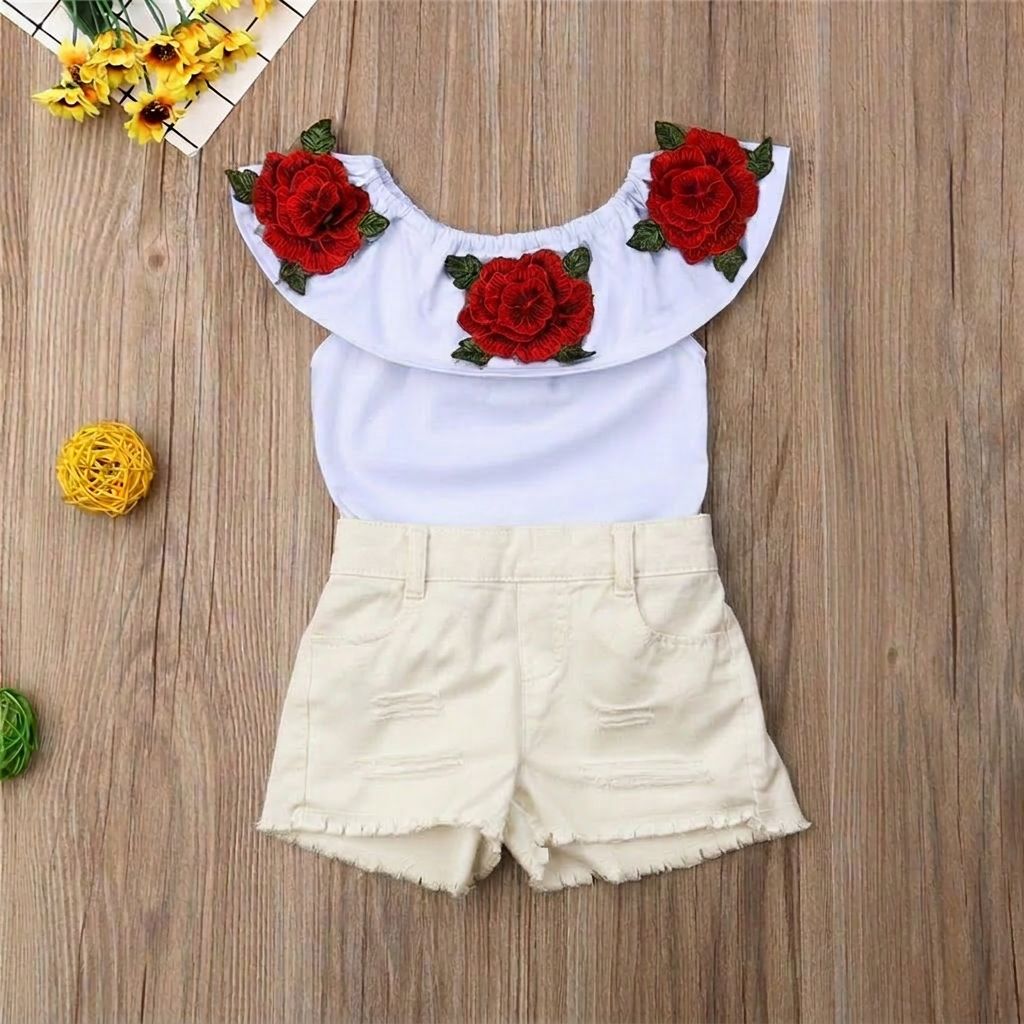 Mother & Kids Children's Clothing Wholesale Girls Summer Short-sleeved Floral Tops T-shirt Denim Shorts Belt Three-piece Set One Piece Drop Shipping_viptrois.com
