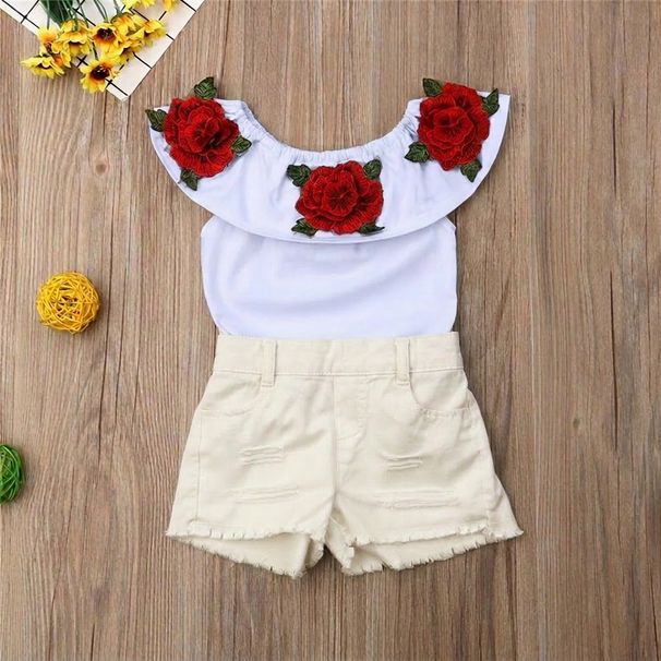 Mother & Kids Children's Clothing Wholesale Girls Summer Short-sleeved Floral Tops T-shirt Denim Shorts Belt Three-piece Set One Piece Drop Shipping_viptrois.com
