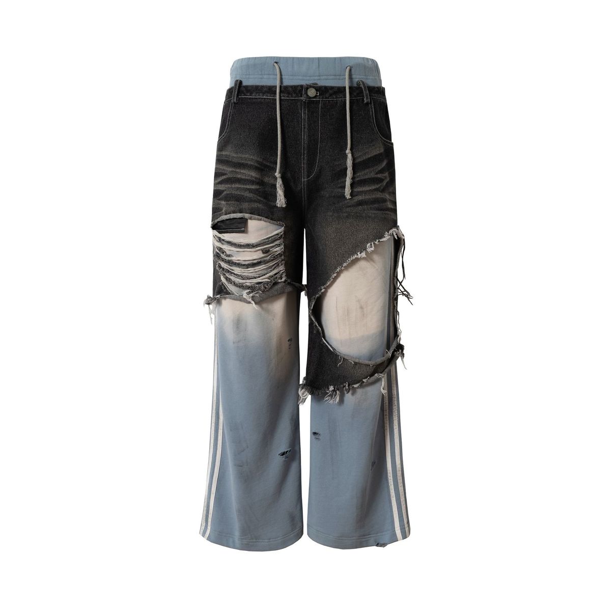 Men's Clothing American Retro Trend Hole Design Splicing Wide Leg Straight Summer Men's And Women's Personalized Denim Trousers_viptrois.com