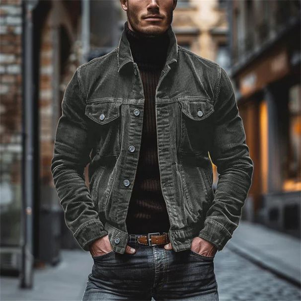 Spring Autumn 2027 Fashion European-USA Style Outerwear Men Lapel Pure Color Striped Single-Breasted Pocket Long Sleeve Casual Corduroy Jacket_viptrois.com