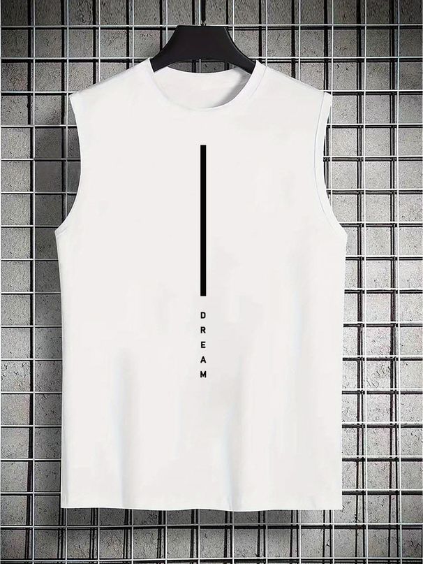 100% Pure Cotton Men's Summer Casual Sports Fitness Loose DREAM Letter Pattern Printed Breathable Round Neck Sleeveless Vest_viptrois.com