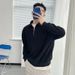 Men's Clothing Autumn New Style Half Zip Sweatshirt Men's American Retro Loose Casual Design Niche Top Solid Color Pullover_viptrois.com
