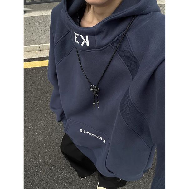 New Autumn And Winter Patchwork Stand Up Collar Hoodie With Trendy Temperament, Fashionable Design Sense, Versatile Loose Top_viptrois.com