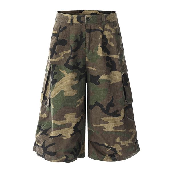 Loose Wide Leg Camouflage For Summer Men's Workwear Shorts, Trendy Brand Pleated Design, Large Pocket Cropped Pants_viptrois.com
