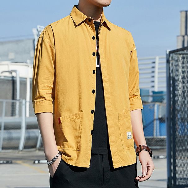 Cotton Long Men's Korean Version Solid Color Denim Workwear Seven Sleeve Loose Jacket Casual Shirt Five Quarter Short_viptrois.com