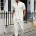 Men's Clothing Waffle Stand Collar Zipper Solid Color Short Sleeved Trousers Outdoor Leisure Suit_viptrois.com