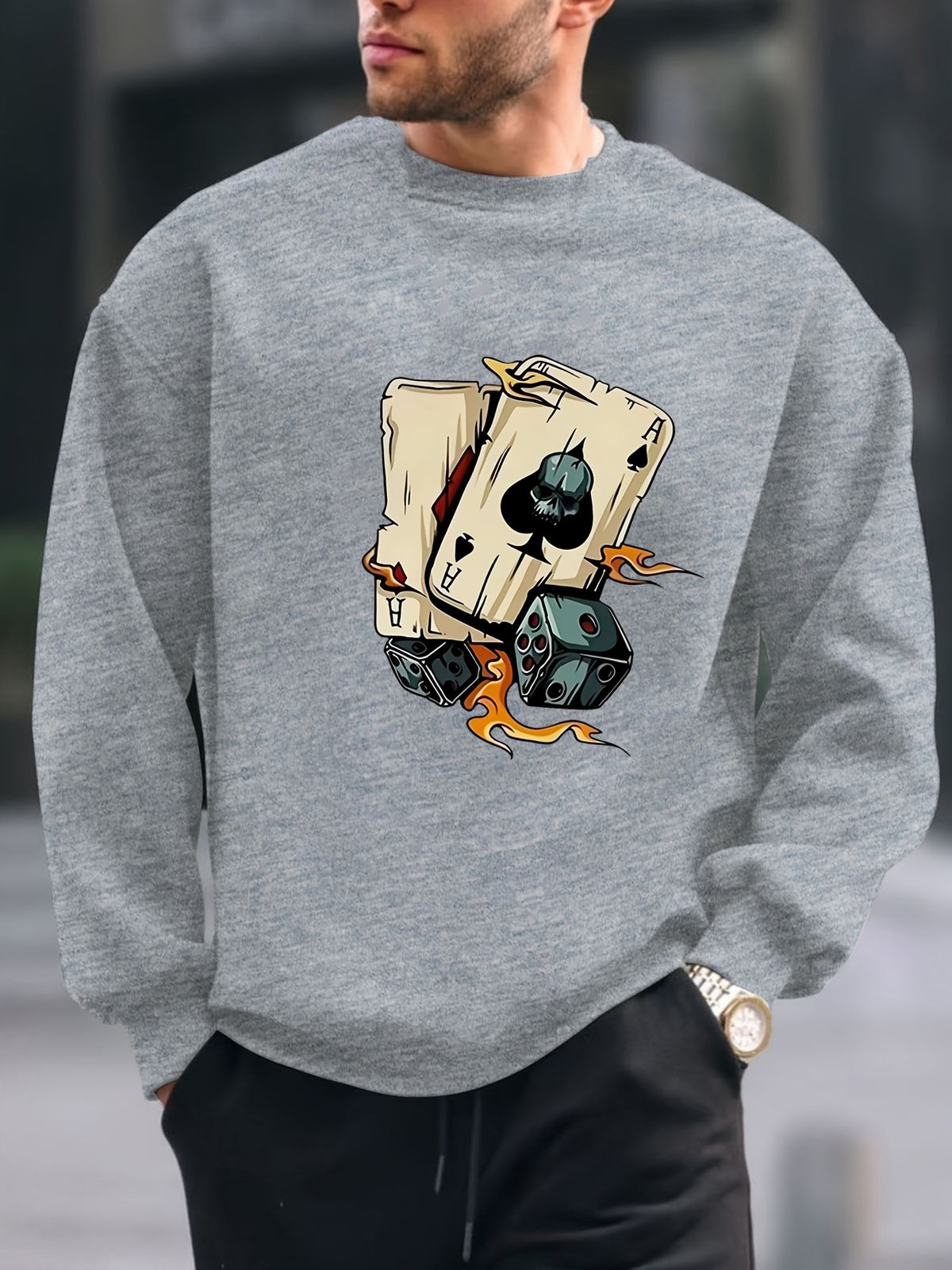 Men's Loose Casual Fashionable Poker And Dice Pattern Printed Round Neck Long Sleeved Sweatshirt For Autumn And Winter_viptrois.com