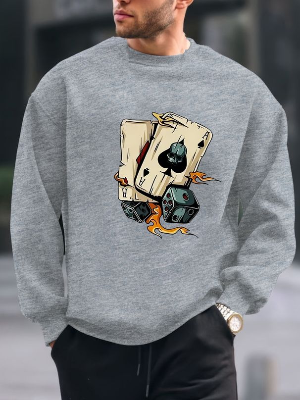 Men's Loose Casual Fashionable Poker And Dice Pattern Printed Round Neck Long Sleeved Sweatshirt For Autumn And Winter_viptrois.com
