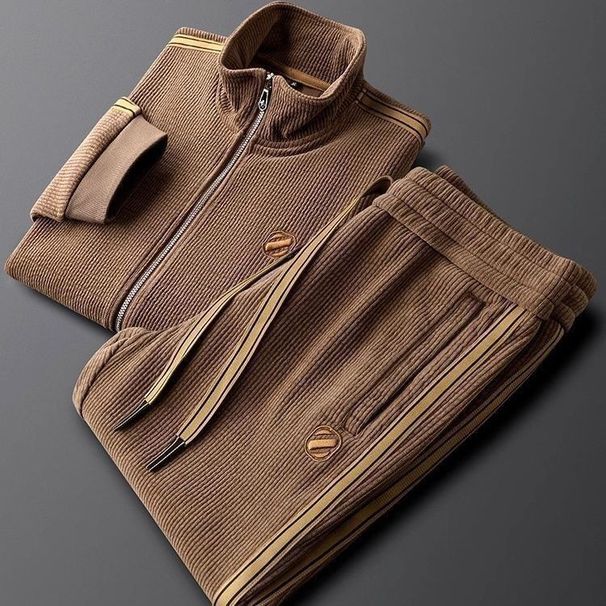 Men’s Premium Solid Color Tracksuit Set – Slim Fit Zip-Up Jacket & Straight-Leg Pants (M-4XL, Black/Coffee Brown)_viptrois.com