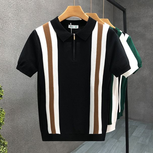 Knitted Ice Silk Zipper Polo Shirt Men's Short Sleeved Summer Thin Style Fashion Contrast Color Design Slim Trend Lapel T Shirt_viptrois.com