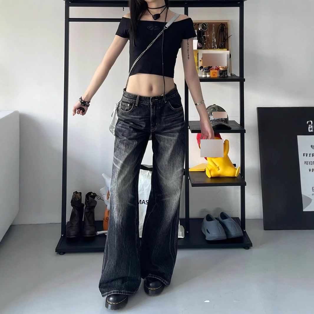 Men’s Clothing Large Size High Street Vibe Black Washed Jeans Straight Loose High Waist Slim Wide Leg Mopping Trousers_viptrois.com