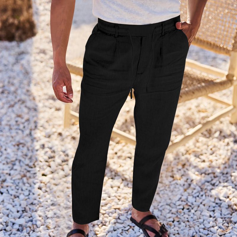 Men's Clothing Fashion Solid Color Casual Linen Straight Trousers_viptrois.com