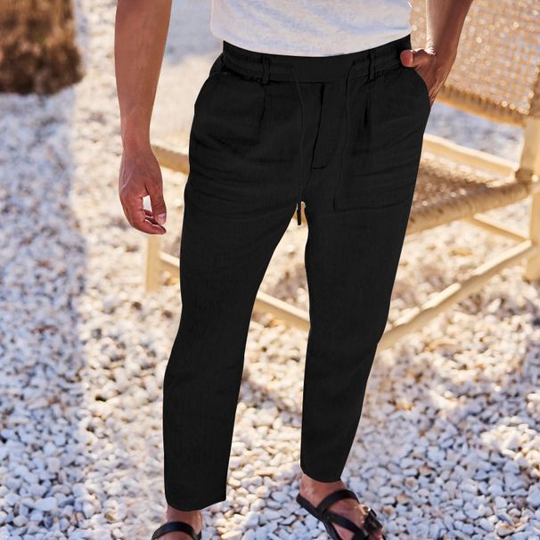 Men's Clothing Fashion Solid Color Casual Linen Straight Trousers_viptrois.com
