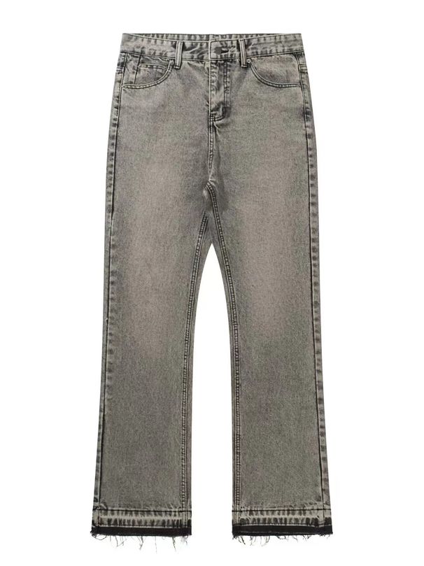 Men's Clothing Version Of The Washed Hem Tassel Slightly Flared Grey Jeans Retro High Street Vibe Style Men's Trend_viptrois.com