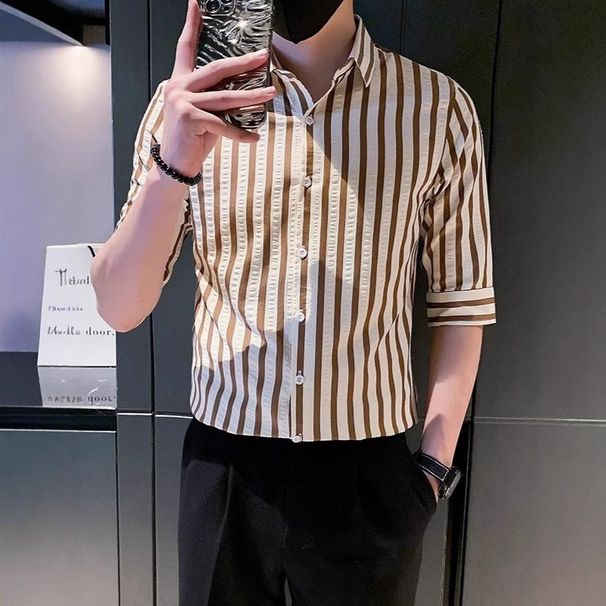 Men's Textured Five Quarter Sleeved Shirt, Cool And Stylish Men's High-end Striped Short Sleeved Shirt_viptrois.com