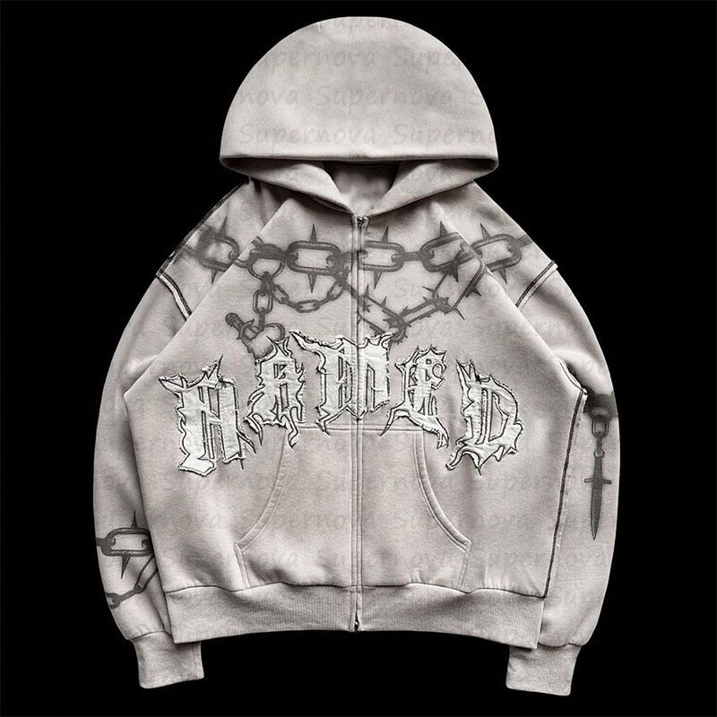 Europe and the United States loose high street letters patch zip hoodie printed tide with the same cardigan jacket men and women sweater_viptrois.com