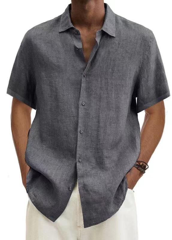 Summer V-neck Button-down Cotton And Linen Solid Color Men's Fashion Shirts_viptrois.com