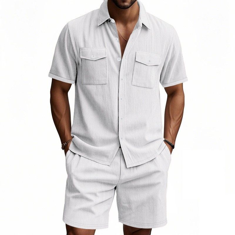 Men's Clothing Casual Loose Heavy Corduroy Short Sleeved Shirt American Summer Workwear Style_viptrois.com