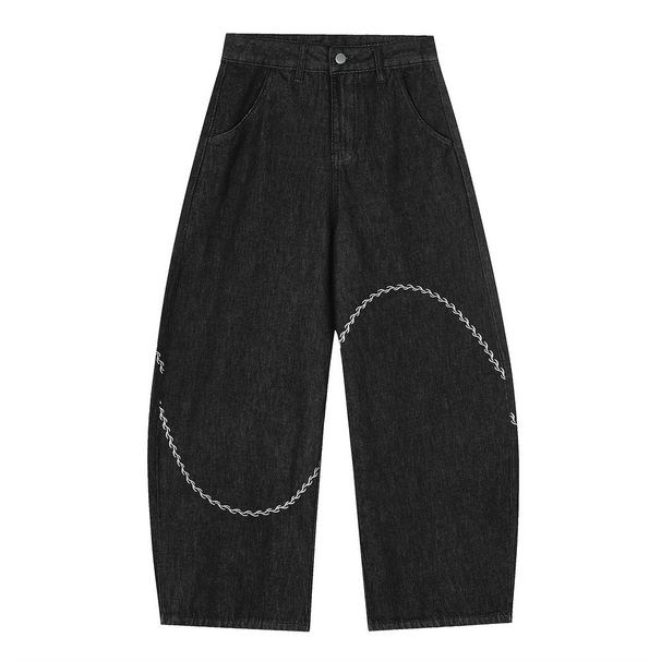 Loose Fit Scimitar Jeans For Men Irregular Line Embroidery Design Sense Personality Casual Wide-Leg Long Pants Trendy_viptrois.com