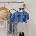 Kids Clothing Girls Fashion Denim Tops Coat Floral Suspender Dress Two piece Set_viptrois.com