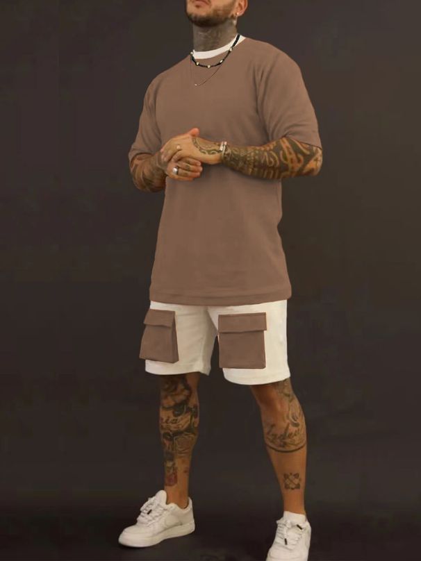 Men's Short Sleeved Casual Sportswear Set Crew Neck Multi Pocket Summer_viptrois.com
