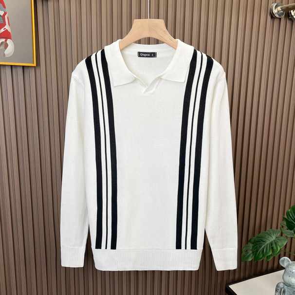 Men's British Retro Stripe Knit Polo Shirt – Slim Fit Collared Sweater For Autumn/Winter, Business Casual Style_viptrois.com